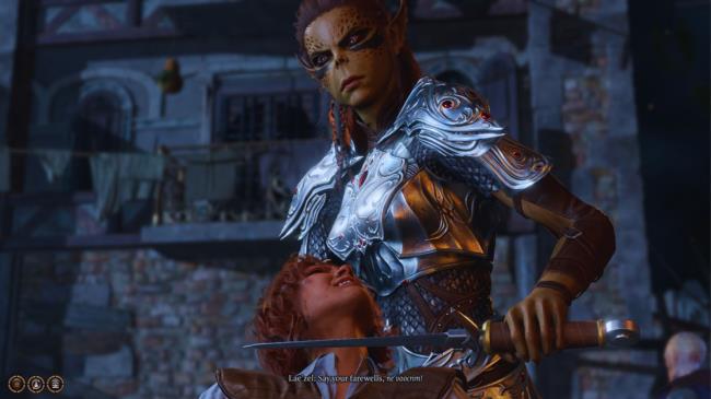 Baldur's Gate 3 - Lae'zel holding a knife to Yenna's throat